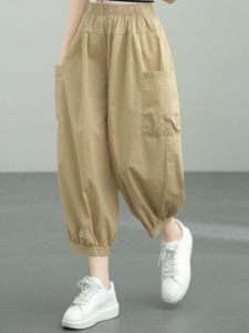 กางเกงขายาวทรงหลวมเอวสูงผ้าฝ้ายแท้สไตล์ฮาราจูกุสำหรับผู้หญิง กางเกงขายาวทรงหลวมสบาย ๆ สำหรับฤดูร้อนปี 2024