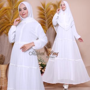gamis putih dan hitam susun tingkat polos renda