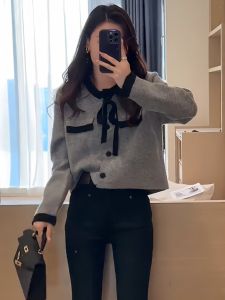 Gray Knitted Sweater Coat Womens Loose Winter Fashion Small Fragrance Style Open Cardigan Top for Autumn And Winter