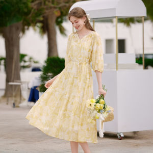 XIANGYING | French Floral V-neck Belted Puff Sleeve Dress