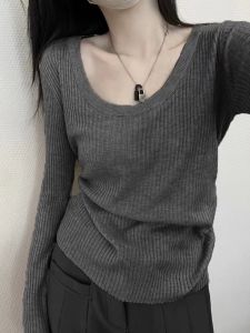 Deep Grey Long Sleeve Knitted T-Shirt Womens Spring Autumn Low Collar Soft Cozy Base Layer Shirt Korean Style Commute Fashion