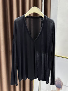Black Loose Long Sleeve T-Shirt Womens Summer Thin V-Neck Transparent Air Conditioning Casual Elegant Commute Style Knitted