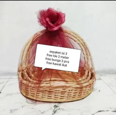 keranjang rotan ombak sepaket isi 3 FREE KAIN TILE+BUNGA+PITA+KAWAT