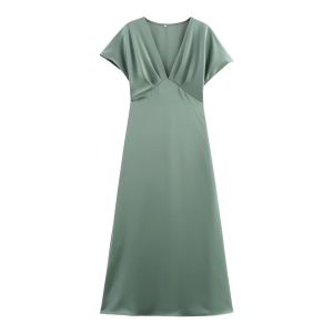 Casual Womens Solid Dress Silk Texture V Neck Short Sleeve Loose Midi Dresses 2025 Summer Chic Elegant Woman Satin Dress
