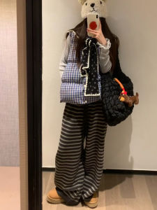 กางเกงขายาวทรงหลวมสบายๆ สีเทาลายทาง กางเกงขายาวทรงตรงสำหรับผู้หญิง กางเกงขายาวทรงหลวมสำหรับออกกำลังกายในฤดูใบไม้ร่วงและฤดูหนาว