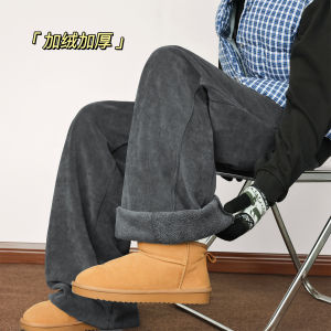 Thickened Fleece Warm Casual Pants Mens Winter Loose Straight Wide Leg Trendy American Corduroy Long Trousers Polyester Fiber