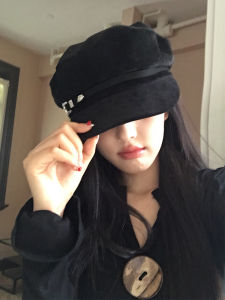 Black Octagonal Beret Hat Womens Autumn Winter New Retro Y2K Fashion British Style Large Head Circumference Duckbill Cap