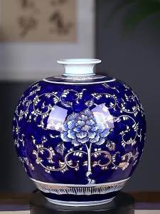 Tượng Bình Porcelain Xanh Trắng Cổ Bịt Vàng Tự Vẽ