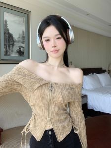 Spicy Girl Pure Desire Dyed Drawstring One Shoulder Womens Autumn Design American Retro Double Zipper Hoodie Trendy