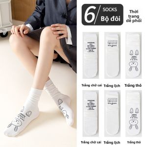 JIAZINI | Tất cotton dài đến bắp chân cho nữ Tất thể thao màu trắng đen Tất cotton thời trang thường ngày cho nữ Tất dài đến bắp chân mùa xuân thu
