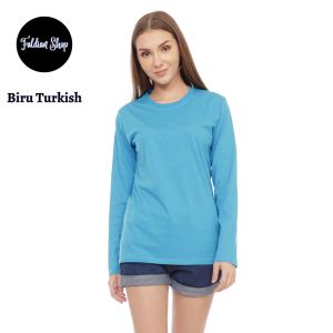 Kaos Polos Wanita Oneck Lengan Panjang Bahan Katun Combed 30s Warna Biru Turkish