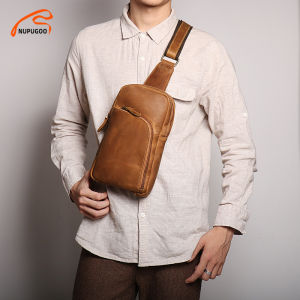 NUPUGOO Vintage Mens Shoulder Bag Genuine Leather Simple Chest Bag High Quality Small Crossbody Single Strap For 7.9 Inch iPad