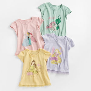 Summer New Style Pure Cotton Short Sleeve T-Shirt for Girls round Neck Princess Cartoon Mesh Base Top Childrens Clothing