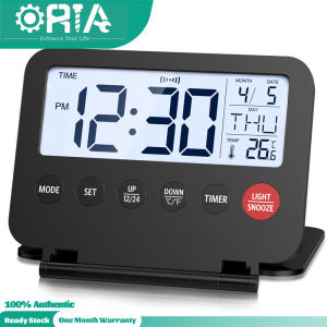 นาฬิกานาฬิกาปลุกดิจิตอลขนาดเล็ก ORIA มีตัวจับเวลานาฬิกาปลุก LCD ที่มีอุณหภูมิวันที่เดือนงีบหลับและแสงไฟ6วินาทีสำหรับโต๊ะทำงานที่ใช้แบตเตอรี่สำนักงานบ้าน