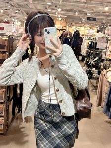 BINKAFENNY | Gray Knitted Embroidered Slim Fit Cardigan Womens Autumn Wear College Style Round Neck Long Sleeve Sweater Jacket