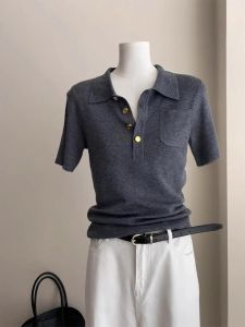 PEIXI | Elegant V-Neck Grey Knitted Short Sleeve Womens Polo Shirt