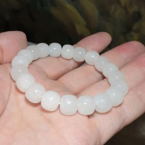 Premium 10mm Nephrite icy white "traditional old style cut beads" Jade bracelet [Natural Crystyal] 优质和田玉冰白老型珠手链