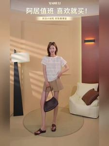 Áo Thun Tay Ngắn Cổ Tròn Thoáng Khí Ren Đục Lỗ