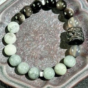 Original Design Natural Silver Agate Wealth Attracting Lion Hand Bracelet Ink Painting Agate Bracelet Chinese Style Lucky Stone