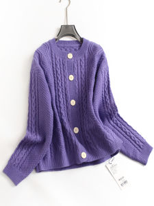 เสื้อคาร์ดิแกนถักคอตั้งแขนยาวสีม่วง ผ้าขนสัตว์ ทรงหลวม ปกติ ฤดูใบไม้ร่วง/ฤดูหนาว เสื้อสเวตเตอร์ผู้หญิง