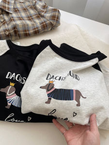 Lemon Wave Home Korean Style Long Sleeve Shoulder Insert round Neck Loose Womens T-shirt Spring Casual Base Shirt Dog Print Anti-Aging