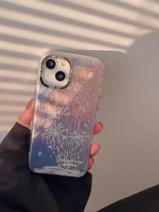 Luxury Plating Dreamy Fireworks Feather Yarn Pattern Case for IPhone 15 Casing 14 13 12 Pro Max 11 Artistic Lens Protective Cover