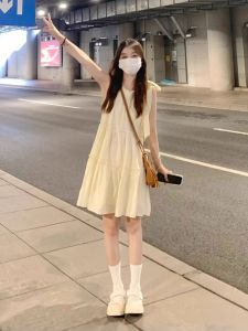 French Sweet Sleeveless Neck Hanging Dress Womens Summer 2024 New High-End Atmosphere Elegant Short Fairy Skirt A-Line Dress