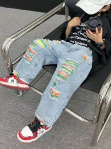 อินเทรนด์ ขาตรง กางเกงยีนส์ สําหรับเด็กผู้ชาย ฤดูใบไม้ผลิ สไตล์ใหม่ Super Hole High เอว ผ้าฝ้าย ลำลอง กางเกงขายาว สําหรับเด็กอายุ 2-7 ปี