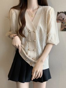 พรางหุ่น คอวี แขนฟอง เสื้อสเวตเตอร์ถัก ผู้หญิง ฤดูร้อน พลัสไซส์ Double Button Splice อินเทรนด์ เสื้อท่อนบน Commute Style Pure Color