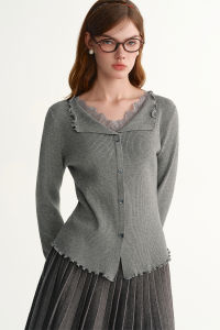 DUSHU | Plus Size Lace Splicing Turn-Down Collar Knit Top