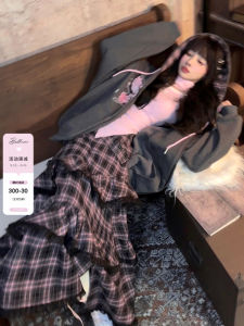 Sweet And Cool Plaid A-Line Half Skirt with Flounce Wide Hem Cylindrical Pattern High Waist Long Skirt for Women Polyester 100%