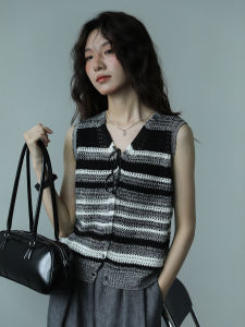 Retro Knitted Stripe Vest Summer Open Cardigan V-Neck Single Button Thin Commute Lazy Design Straight Tube Nylon Fiber