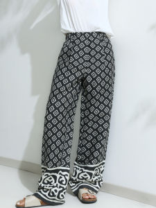 Miccbeirn | Vintage Pure Hanflax Wide Leg Pants Straight Cut Printed Drooping Waist High Waist Slimming Long Casual Trousers