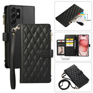 Card Case For Samsung With Diagonal Strap Lanyard Wallet Bag Case Cards Slot Case Mobile Phone Shell With Card holder Cases With Rope Casing For Samsung Galaxy S25 Plus S26 Ultra S24 Plus S23 Ultra S22 Plus S21 FE Note20 Flip Leather Cover