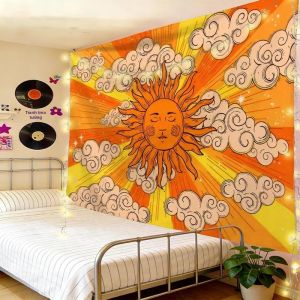 VIKAMA Retro Thần Mặt Trời Mây Tấm Thảm Bohemian Mặt Trời Minh Họa Nền Tường Trang Trí Cho Phòng Khách Phòng Ngủ Có Thể Giặt Bằng Máy Polyester