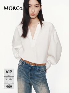 MO&Co. | Structured Loose High-Low Hem V-Neck Half-Placket Shirt