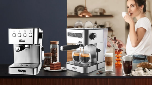 Máy pha cà phê DSP bán tự động thiết kế nhỏ gọn pha espresso kiểu Ý vòi hơi nước đánh sữa tạo bọt