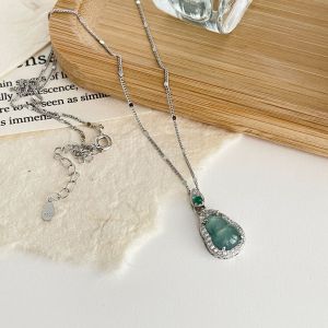 New Chinese Style Natural Jade Gourd Necklace S925 Sterling Silver Micro-Paved Clavicle Chain Women Fashion Jewelry Accessory