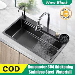 Kitchen sink SUS304 stainless steel waterfall sink 3.0MM thickness household sink with pull-out faucet