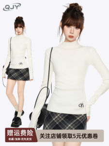 White Long Sleeve Knitted Sweater Womens Autumn Winter Slim Fit Inner Shirt Base Top Half High Collar Fashionable Commute Style