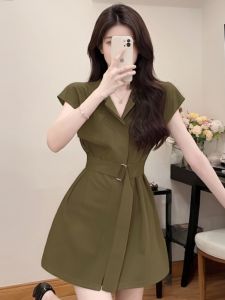 Elegant French Style Shirt Dress Set for Women High Waist A-Line Skirt Short Sleeve V-Neck Polyester Fiber Summer New Arrival