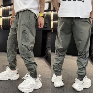 Mens Summer Laser Perforated Breathable Mesh Work Trousers Casual Harlan Loose Fit Zipper Pocket Pants Fashionable All-Match