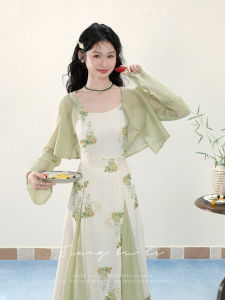 Elegant New Chinese Style Printed Strap Dress Women Summer Waist Cinched Midi Dress Elegant Atmosphere Female Clothing