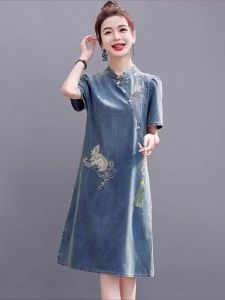 《 406 》 new Chinese style denim dress women Summer 2025 new high-end short sleeve qipao shorter tened cheongsam cotton material skirt