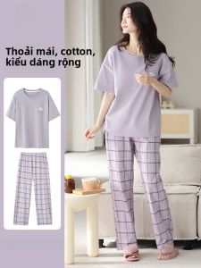 MiiOW | Bộ đồ ngủ cotton nguyên chất mùa hè cho nữ Áo chui đầu tay ngắn Quần dài thường ngày Mềm mại thoáng khí Dễ mặc ở nhà