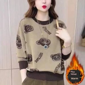 Fleece Lined Bear Print Base Layer Shirt Womens Loose Fit Inner Wear T-Shirt Korean Style Commute Fashion Winter Season