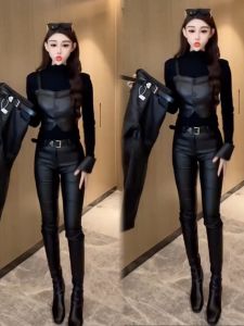 European Goods Fleece Leather Pants Womens Winter New Arrival Korean Style Slimming and All-Matching High Waist Cropped Pants Coated Leather Faux Leather Pants Straight-leg