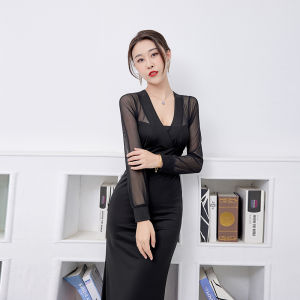 Gợi Cảm Đuôi Cá Dài Tay Đầm Dạ Hội Dành Cho Câu Lạc Bộ Đêm Màu Sắc Tinh Khiết Cao Vòng Eo Cổ Chữ V Sâu Xẻ Tà Dài Đầm Đồng Phục Kỹ Thuật Viên Ăn Nhẹ