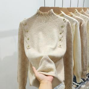 เสื้อชั้นในถักลูกไม้แขนยาวหลวมๆ คอตั้งครึ่งตัว เสื้อผ้าทำงานสไตล์เกาหลีสำหรับผู้หญิง ฤดูใบไม้ร่วง 2024