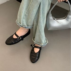 nobox Luxlane Black Mary Jane Flat Sandals for Women Elegant Hollow Out Ventilation White Doll Shoes For Women Comfortable Ballet Flats for Women